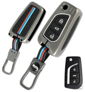 Coll of Fest Metal Silicon Key Cover Compatible For Toyota Innova Crysta Corolla-Altis Camry HyCross Hilux 3 Button Flip Smart Key Cover Metal Protection Special Feature Visible in low-light Condition