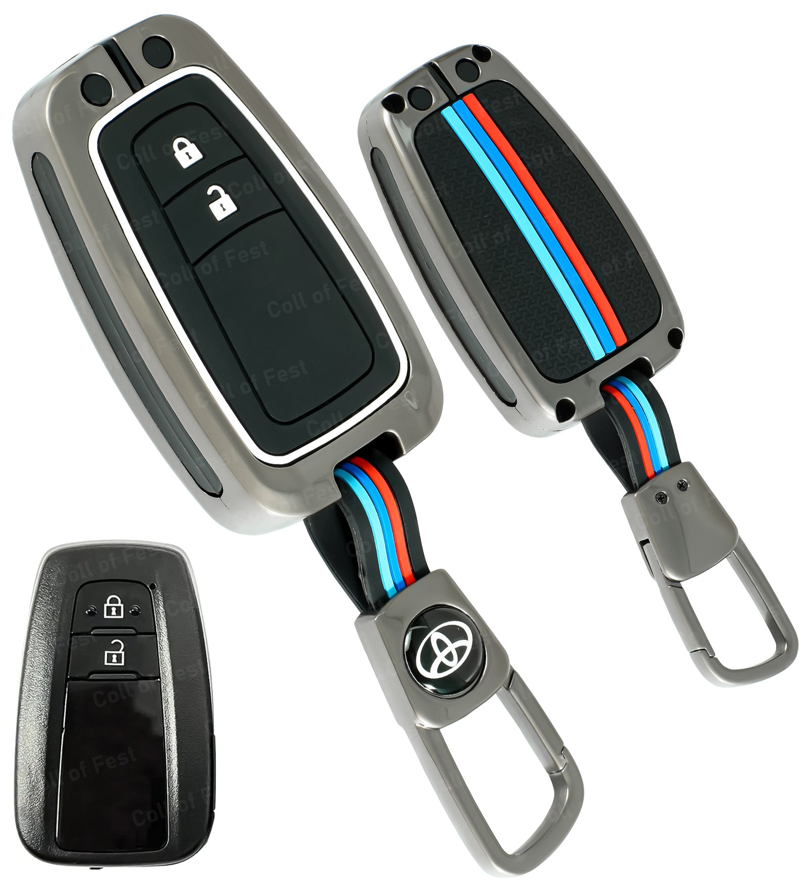 COF-MKY-TYT-KC06 Coll of Fest Metal Silicon Key Cover Compatible for Toyota Camry 2 Button Smart Key Cover Metal & Silicone Protection Special Feature Visible in Low-Light Conditions