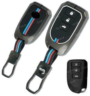Coll of Fest® Metal Silicon Key Cover Compatible for Toyota Prado Vios Yaris Previa 3 Button Smart Key Cover Metal & Silicon Protection Special Feature Visible in Low-Light Conditions