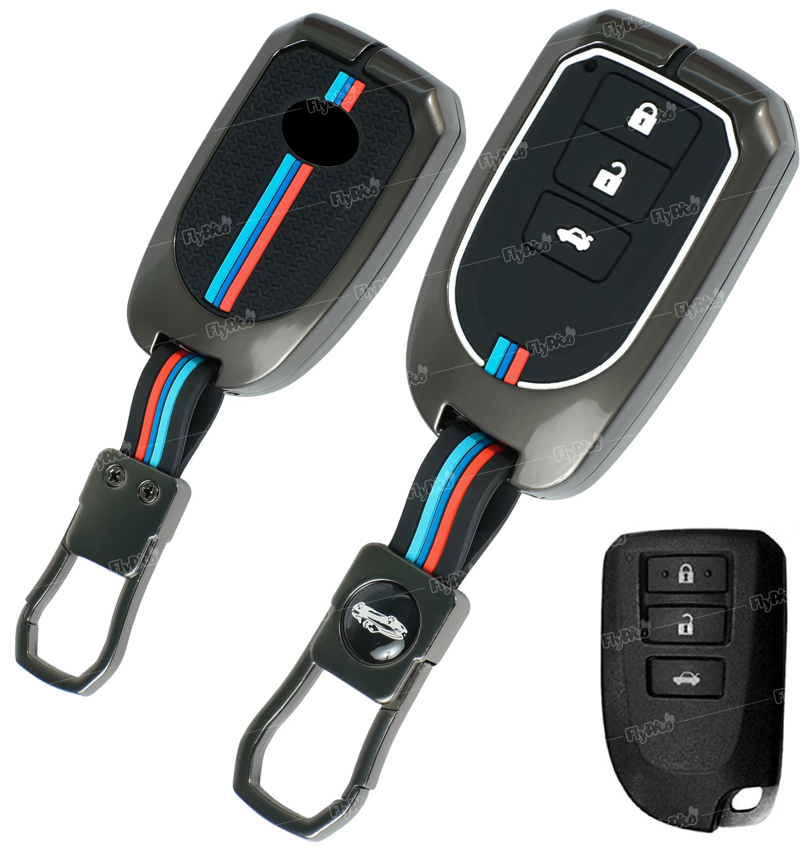 COF-MKY-TYT-KC08 Coll of Fest® Metal Silicon Key Cover Compatible for Toyota Prado Vios Yaris Previa 3 Button Smart Key Cover Metal & Silicon Protection Special Feature Visible in Low-Light Conditions