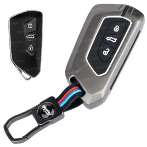 Coll of Fest® Metal Silicon Key Cover Compatible for Kushaq, Octavia, Kodiaq, Superb, Slavia, Passat, Virtus, T ROC, 3 Button Smart Key Metal Protection Special Feature Visible in Low-Light Condition