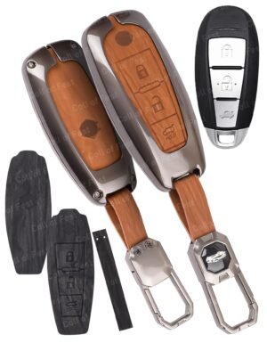 FlyPico Car Key Cover Compatible with Maruti Suzuki Baleno Ciaz Vitara Brezza S Cross Swift Ignis & Toyota Urban Cruiser 3-Button Smart Key (Dual Leather Metal (Black & Brown))