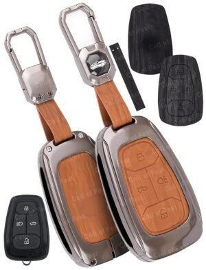 FlyPico Car Key Cover Compatible with Tata Nexon, Harrier | Safari | Altroz | Tigor | Ev | Punch | Tiago Ev Electric 4-Button Smart Key (Dual Leather Metal (Black & Brown))