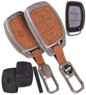 FlyPico Car Key Cover Compatible with Hyundai i20, Creta, Venue, Tucson, Alcazar, Verna, Xcent, Aura, Elantra 3-Button Smart Key (2 in 1 Dual Leather Metal)
