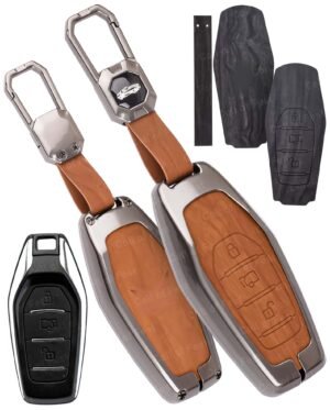 FlyPico Premium Metal PU Leather Car Key Cover Compatible with Mahindra XUV-500 3 Button Smart Key Metal Enclosure with Keychain Protective Lock Design (BROWN)