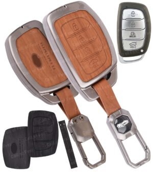 FlyPico Car Key Cover Compatible with Hyundai Alcazar and Creta Car 4-Button Smart Key (Dual Leather Metal (Black & Brown))