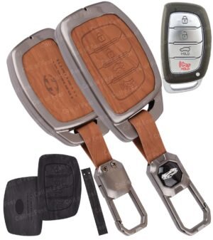 FlyPico Car Key Cover Compatible with Hyundai Alcazar Creta 2022 Venue i20 Tucson Elantra 4-Button Smart Key (Dual Leather Metal (Black & Brown))