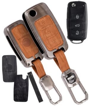 FlyPico Car Key Cover Compatible with Polo Vento Jetta Ameo Passat And Skoda Rapid Laura Superb Octavia Fabia Yeti 3-Button Smart Flip Key (Dual Leather Metal (Black & Brown))
