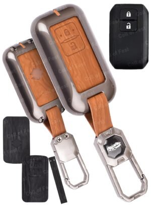 FlyPico Car Key Cover Compatible with Maruti Suzuki jimny Baleno Grand Vitara XL6 Swift New Brezza 2022 Ertiga Dzire 2-Button Smart Key (Dual Leather Metal (Black & Brown))