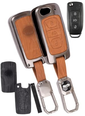 FlyPico Car Key Cover Compatible with Tata Nexon|Altroz|Tiago|Punch|Harrier|Safari|Tigor 3-Button Smart Key (Dual Leather Metal (Black & Brown))
