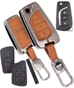 FlyPico Car Key Cover Compatible with Toyota Innova Crysta Corolla-Altis Camry HyCross Hilux 3-Button Smart Flip Key (Dual Leather Metal (Black & Brown))
