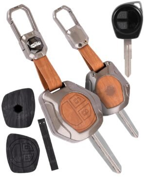 FlyPico Car Key Cover for Maruti Suzuki S-Presso,Swift,SX4,DZire,Ignis,Alto,Vitara Brezza,Celerio,Ertiga,Ciaz,SCross,Baleno,Ritz 2-Button key (2 in 1 Dual Leather Metal (Black & Brown))