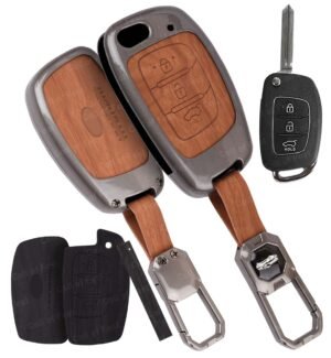 FlyPico Car Key Cover Compatible with Hyundai Creta, Venue, Tucson, Alcazar, i20, Grand i10 Nios, Aura, Xcent, Exter 3-Button Smart Flip Key (Dual Leather Metal (Black & Brown))