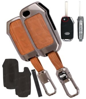 FlyPico Metal-Leather Key Cover for Kia 3-Button Flip Key ( Kia Seltos 2023 2024 HTE ) include 2 inner Leather inner & 2 Straps (Brown & Black)