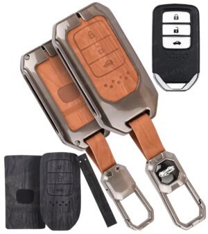 FlyPico Car Key Cover Compatible with Honda BRV, WRV, CRV, Jazz, City 3-Button Smart Key (Dual Leather Metal (Black & Brown))